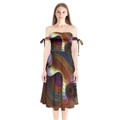 Fractal Colorful Rainbow Flowing Shoulder Tie Bardot Midi Dress by Pakrebo