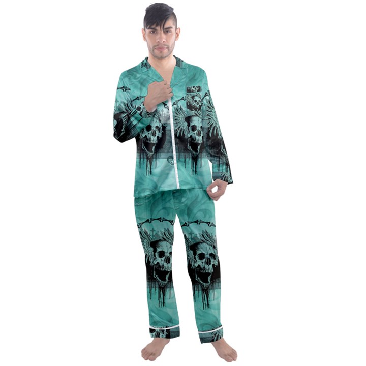 Awesome Skull With Wings Men s Satin Pajamas Long Pants Set