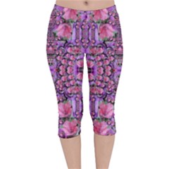 World Wide Blooming Flowers In Colors Beautiful Velvet Capri Leggings 