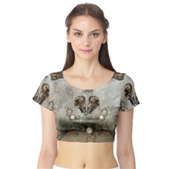 Awesome Mechanical Skull Short Sleeve Crop Top by FantasyWorld7