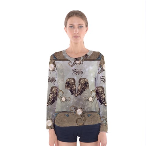 Awesome Mechanical Skull Women s Long Sleeve Tee by FantasyWorld7