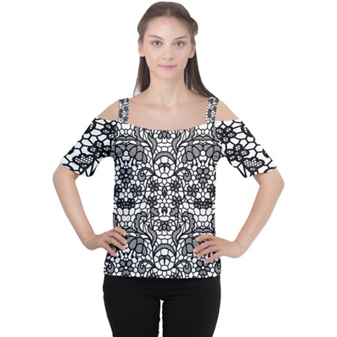 Lace Seamless Pattern With Flowers Cutout Shoulder Tee by Sobalvarro