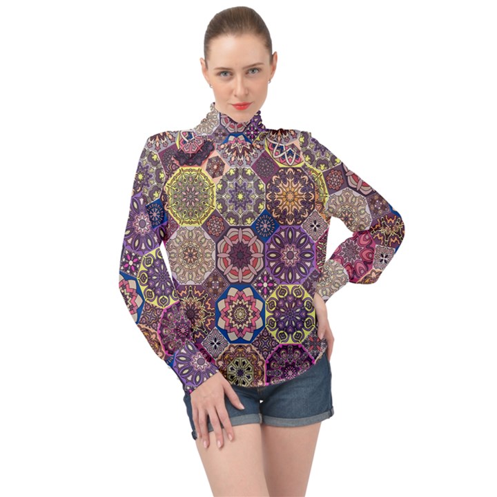 Oriental High Neck Long Sleeve Chiffon Top