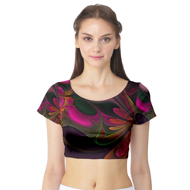 Fractal Abstract Colorful Floral Short Sleeve Crop Top