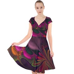 Fractal Abstract Colorful Floral Cap Sleeve Front Wrap Midi Dress by Pakrebo