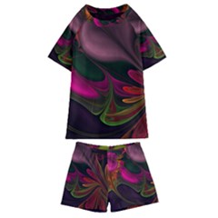 Fractal Abstract Colorful Floral Kids  Swim Tee And Shorts Set by Pakrebo