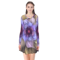 Fractal Flower Petals Colorful Long Sleeve V-neck Flare Dress by Pakrebo