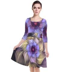 Fractal Flower Petals Colorful Quarter Sleeve Waist Band Dress