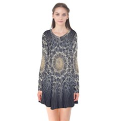 Fractal Mandala Feathers Grey Long Sleeve V-neck Flare Dress by Pakrebo