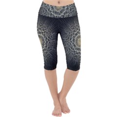 Fractal Mandala Feathers Grey Lightweight Velour Cropped Yoga Leggings by Pakrebo