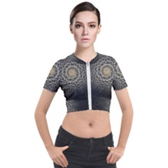 Fractal Mandala Feathers Grey Short Sleeve Cropped Jacket