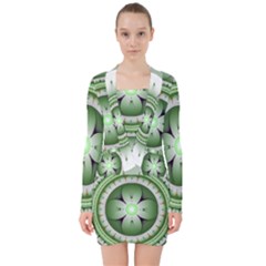 Fractal Mandala Green Purple V-neck Bodycon Long Sleeve Dress by Pakrebo