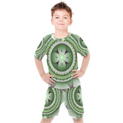 Fractal Mandala Green Purple Kids  Tee And Shorts Set by Pakrebo