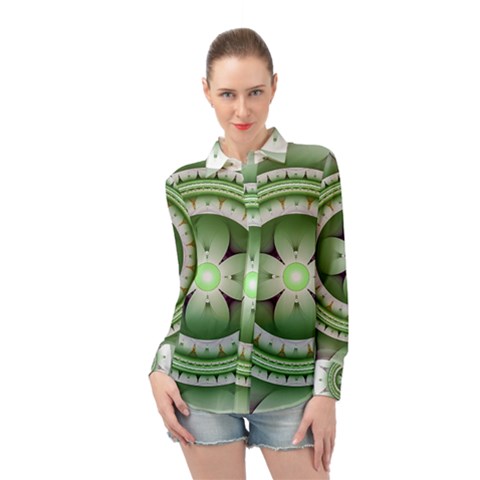 Fractal Mandala Green Purple Long Sleeve Chiffon Shirt by Pakrebo