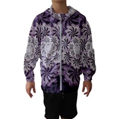 Fractal Floral Striped Lavender Kids  Hooded Windbreaker by Pakrebo