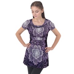 Fractal Floral Striped Lavender Puff Sleeve Tunic Top by Pakrebo