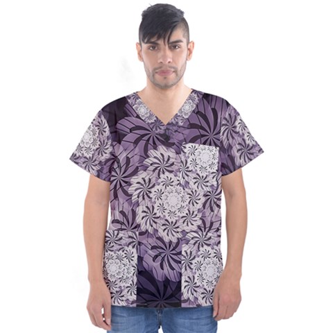 Fractal Floral Striped Lavender Men s V-neck Scrub Top by Pakrebo