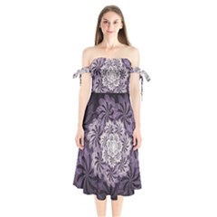 Fractal Floral Striped Lavender Shoulder Tie Bardot Midi Dress by Pakrebo