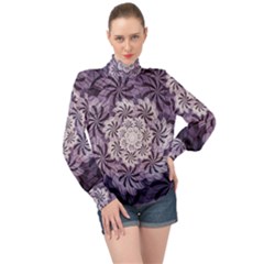 Fractal Floral Striped Lavender High Neck Long Sleeve Chiffon Top