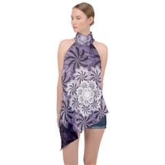 Fractal Floral Striped Lavender Halter Asymmetric Satin Top by Pakrebo