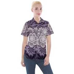 Fractal Floral Striped Lavender Women s Short Sleeve Pocket Shirt