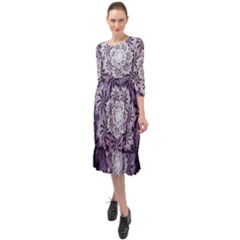 Fractal Floral Striped Lavender Ruffle End Midi Chiffon Dress