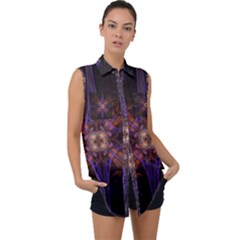 Fractal Cross Blue Geometric Sleeveless Chiffon Button Shirt