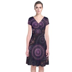 Fractal Gears Steampunk Gearwheel Short Sleeve Front Wrap Dress by Pakrebo