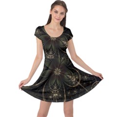 Fractal Gold Green Flower Bloom Cap Sleeve Dress by Pakrebo