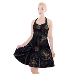 Fractal Gold Green Flower Bloom Halter Party Swing Dress  by Pakrebo