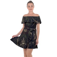 Fractal Gold Green Flower Bloom Off Shoulder Velour Dress by Pakrebo