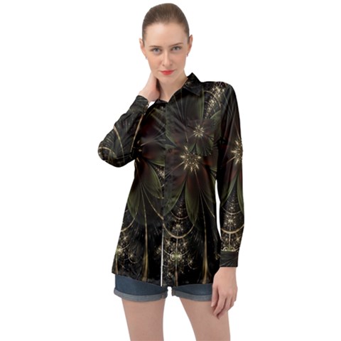 Fractal Gold Green Flower Bloom Long Sleeve Satin Shirt by Pakrebo