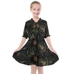 Fractal Gold Green Flower Bloom Kids  All Frills Chiffon Dress by Pakrebo