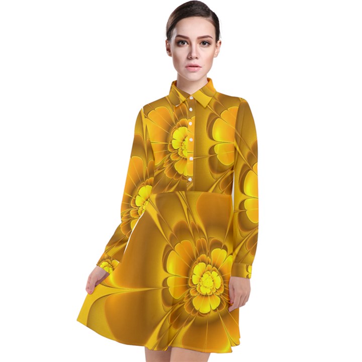 Fractal Yellow Flower Floral Long Sleeve Chiffon Shirt Dress