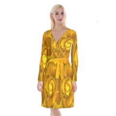 Fractal Yellow Flower Floral Long Sleeve Velvet Front Wrap Dress by Pakrebo