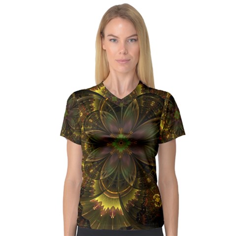 Fractal Flower Fall Gold Colorful V-neck Sport Mesh Tee by Pakrebo