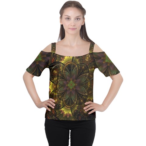 Fractal Flower Fall Gold Colorful Cutout Shoulder Tee by Pakrebo