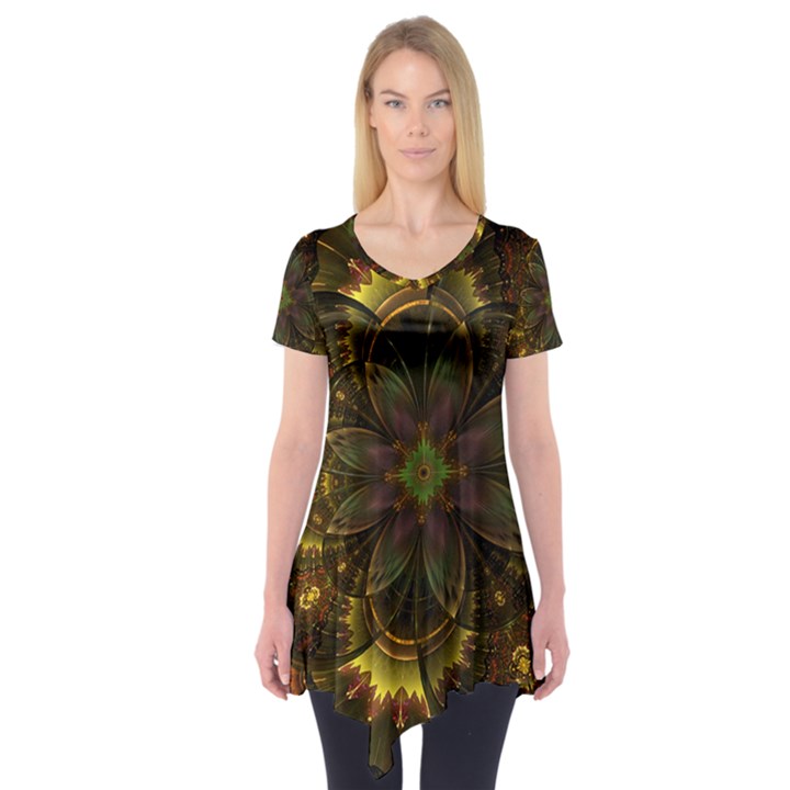 Fractal Flower Fall Gold Colorful Short Sleeve Tunic 