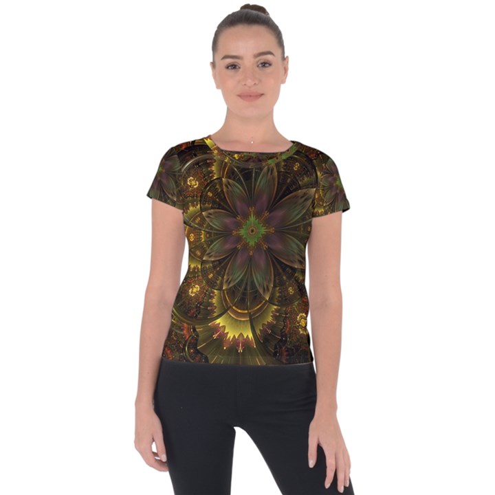 Fractal Flower Fall Gold Colorful Short Sleeve Sports Top 