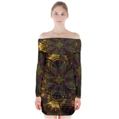 Fractal Flower Fall Gold Colorful Long Sleeve Off Shoulder Dress by Pakrebo