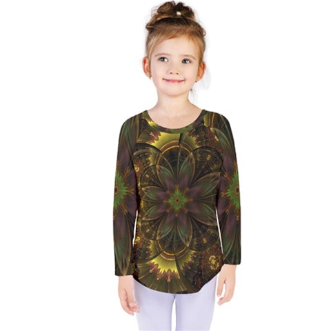 Fractal Flower Fall Gold Colorful Kids  Long Sleeve Tee by Pakrebo