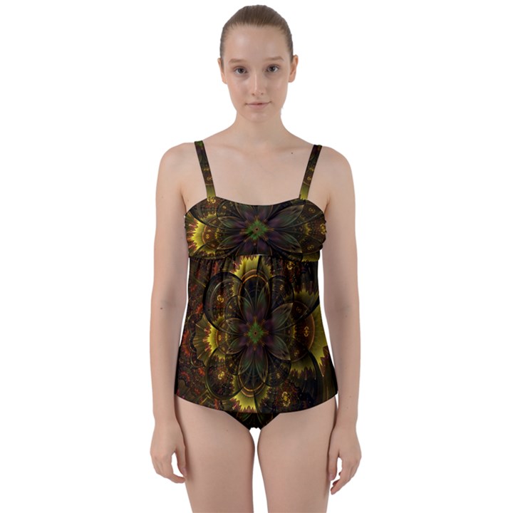 Fractal Flower Fall Gold Colorful Twist Front Tankini Set