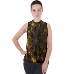 Fractal Flower Fall Gold Colorful Mock Neck Chiffon Sleeveless Top by Pakrebo