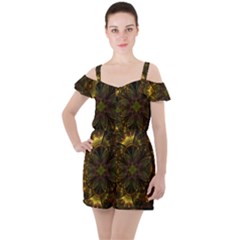 Fractal Flower Fall Gold Colorful Ruffle Cut Out Chiffon Playsuit by Pakrebo