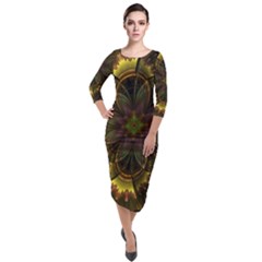 Fractal Flower Fall Gold Colorful Quarter Sleeve Midi Velour Bodycon Dress by Pakrebo