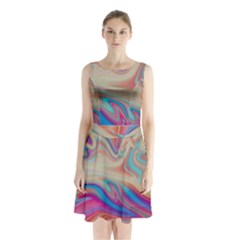 Multi Color Liquid Background Sleeveless Waist Tie Chiffon Dress by Pakrebo