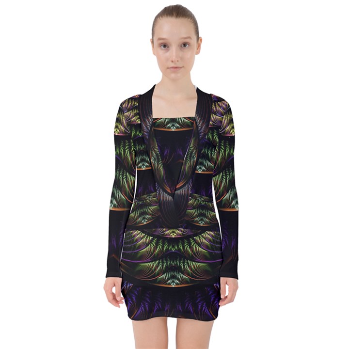 Fractal Colorful Pattern Fantasy V-neck Bodycon Long Sleeve Dress