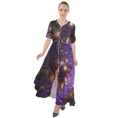 Fractal Purple Abstract Detail Waist Tie Boho Maxi Dress