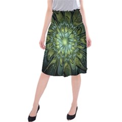 Fractal Green Gold Glowing Midi Beach Skirt by Pakrebo