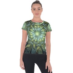 Fractal Green Gold Glowing Short Sleeve Sports Top  by Pakrebo